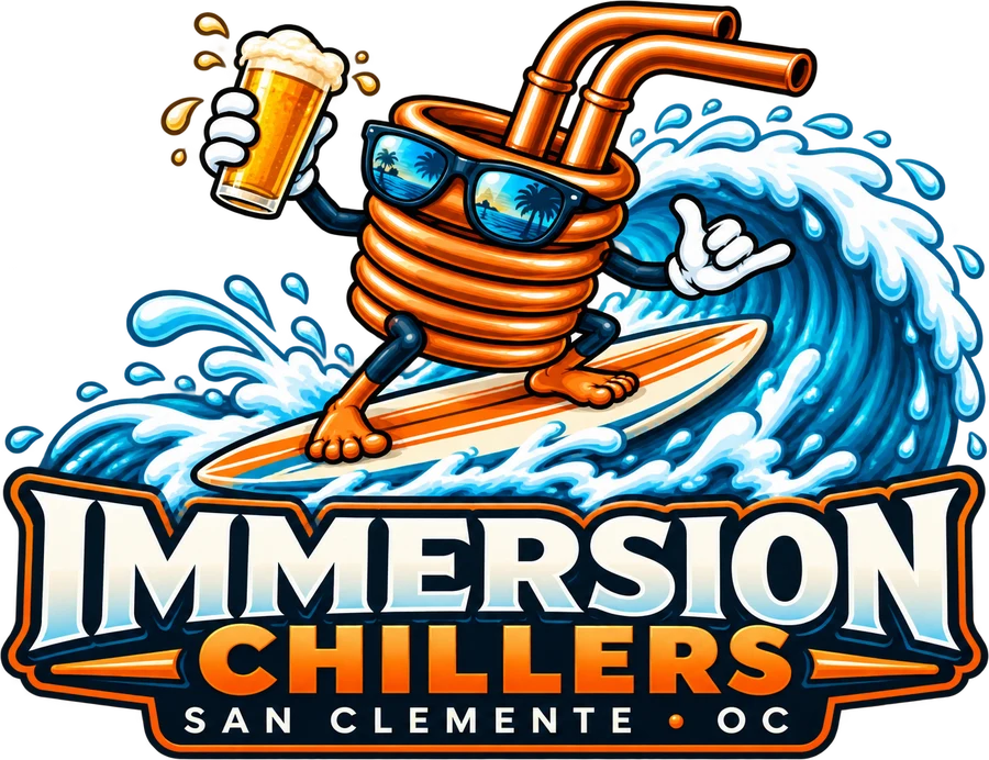 Immersion Chillers, San Clemente, OC: a copper chiller coil in sunglasses surfing a wave with a beer in hand